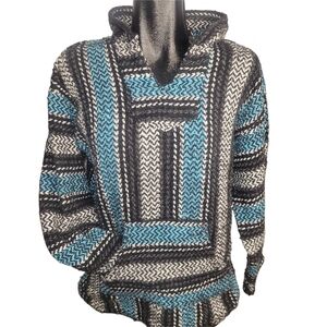 Baja Joe Black and Blue Striped Woven Pullover Hooded Mexican Poncho Sweater M